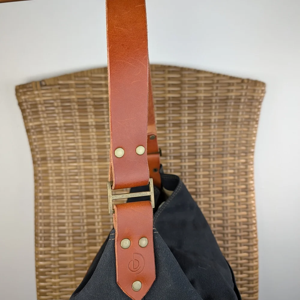 Melakah Design Handmade Black Brown Canvas Leather Handle Logo Emblem Tote Bag - Picture 7 of 16